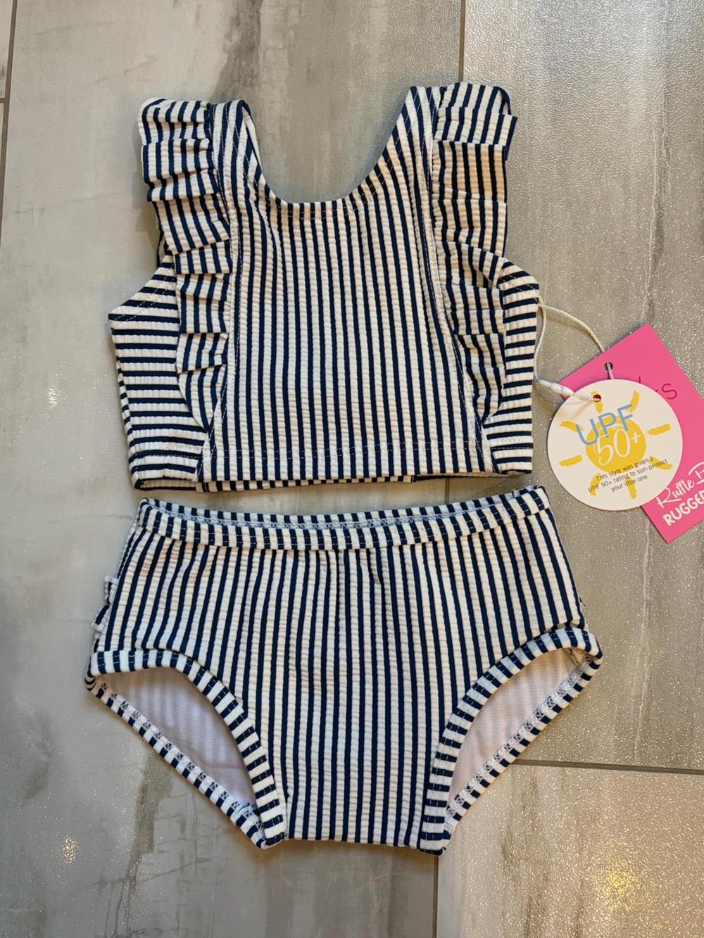 NWT RuffleButts Nautical Navy Seersucker Bow Ruffle 2-Piece Tankini Girls 3-6M